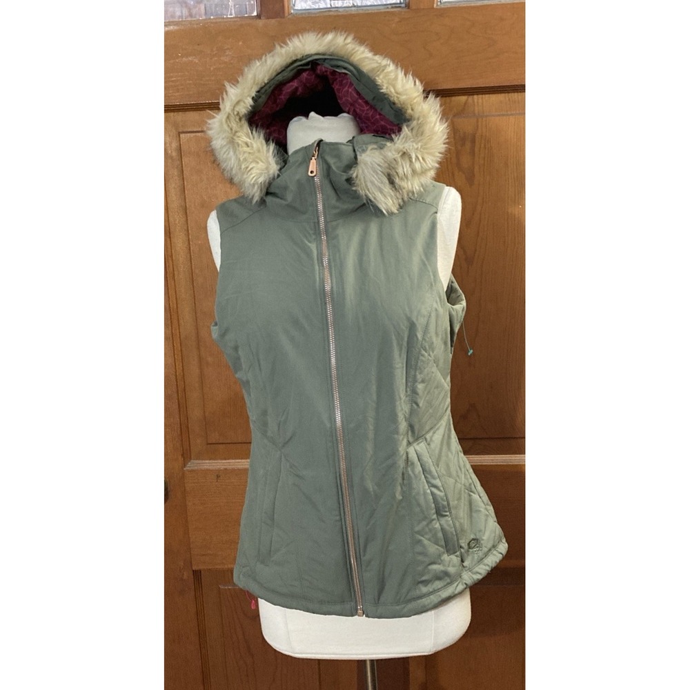 Mountain Hardwear Quilted Puffer Vest Women's Sz S Army Green Hooded Faux Fur